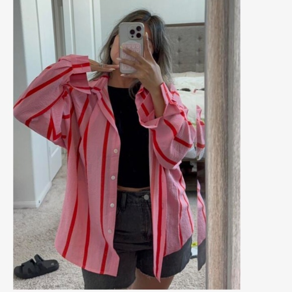 Pink Striped Oversized Button Down Shirt Long Sleeve - Picture 12 of 14